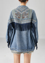Beautiful Blue Embroidered Patchwork Tasseled Denim Coats Fall