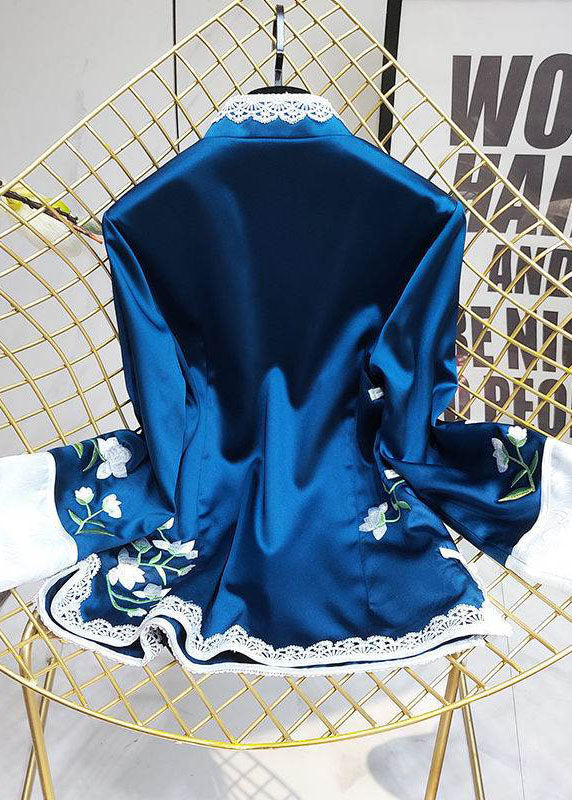 Beautiful Blue Embroidered Stand Collar Patchwork Silk tops Half Sleeve