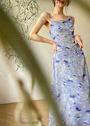 Beautiful Blue Floral Print Slim Fit Chiffon Holiday Spaghetti Strap Dress Summer