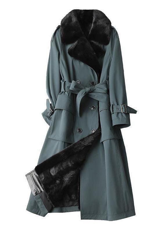 Beautiful Blue Fox collar Bouble Breast Pockets Sashes Leather And Fur Lengthen Parkas Winter