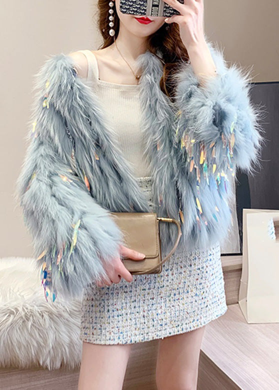 Beautiful Blue Grey O-Neck Tassel Leather And Fur Coats Winter