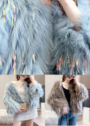 Beautiful Blue Grey O-Neck Tassel Leather And Fur Coats Winter