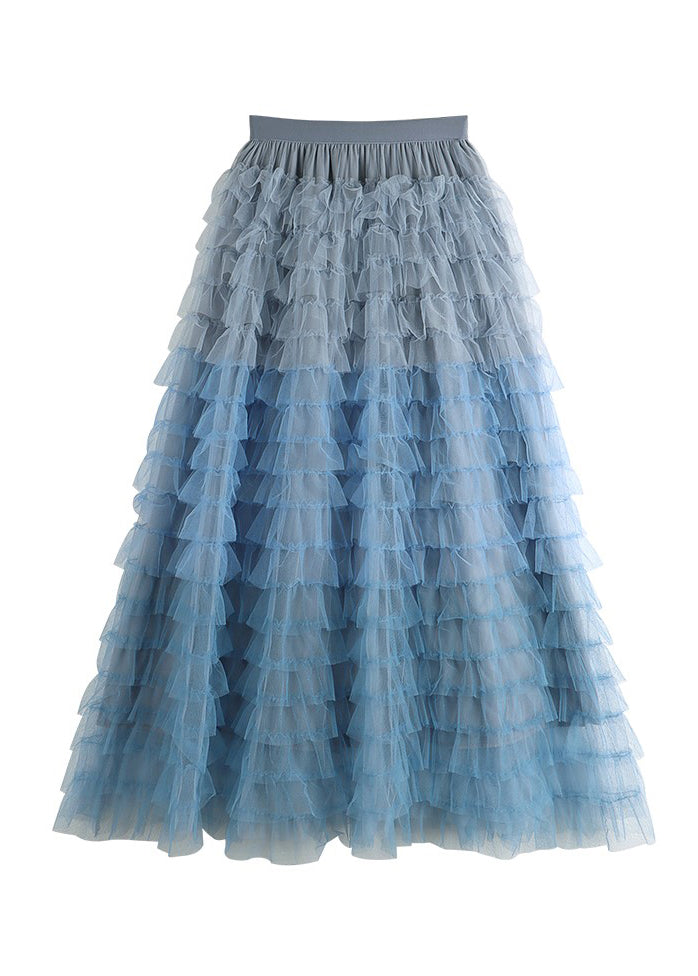 Beautiful Blue High Waist Patchwork Tulle A Line Skirts Summer