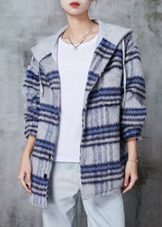 Beautiful Blue Hooded Plaid Fine Cotton Filled Coat Winter
