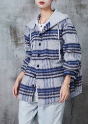 Beautiful Blue Hooded Plaid Fine Cotton Filled Coat Winter