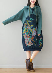 Beautiful Blue Hooded Pockets Drawstring Print Fall Sweatshirts Dress - SooLinen
