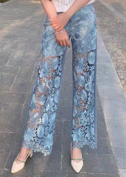 Beautiful Blue Lace Patchwork High Waist Wide Leg Jeans Summer