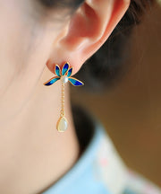 Beautiful Blue Lotus Inlaid Jade Drop Earrings