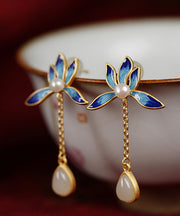 Beautiful Blue Lotus Inlaid Jade Drop Earrings