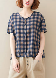 Beautiful Blue O Neck Plaid Cotton T Shirt Top Short Sleeve