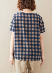 Beautiful Blue O Neck Plaid Cotton T Shirt Top Short Sleeve