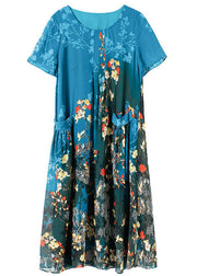 Beautiful Blue O-Neck Pockets Print Chiffon A Line Dress Short Sleeve
