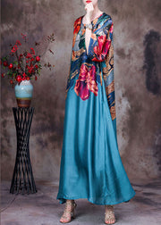Beautiful Blue O-Neck Print 2022 Silk Long Dress Bracelet Sleeve