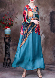 Beautiful Blue O-Neck Print 2024 Silk Long Dress Bracelet Sleeve