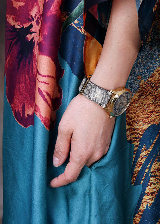 Beautiful Blue O-Neck Print 2024 Silk Long Dress Bracelet Sleeve