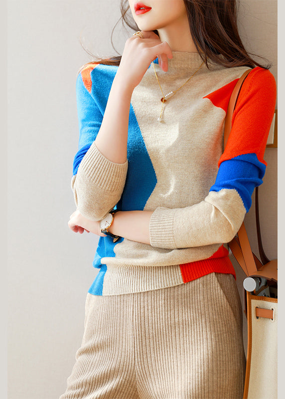 Beautiful Blue Orange Patchwork Woolen Knit Sweaters Top Fall
