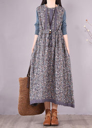 Beautiful Blue Patchwork Print Dresses O Neck Lace Robe Spring Dresses - SooLinen