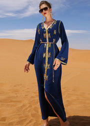 Beautiful Blue Patchwork Sashes Zircon Long Dress Long Sleeve