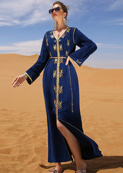 Beautiful Blue Patchwork Sashes Zircon Long Dress Long Sleeve