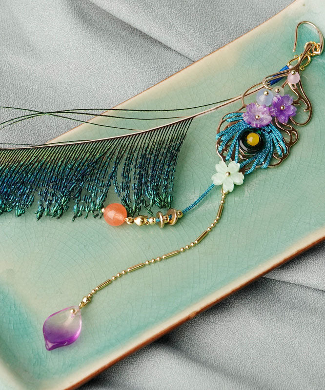 Beautiful Blue Peacock Feather Crystal Pearl Tassel Drop Earrings