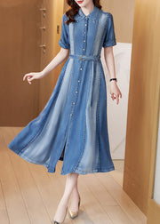 Beautiful Blue Peter Pan Collar Patchwork Sashes Silk Denim Long Dress Short Sleeve