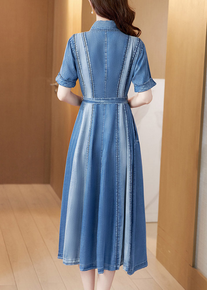 Beautiful Blue Peter Pan Collar Patchwork Sashes Silk Denim Long Dress Short Sleeve