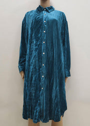 Beautiful Blue Peter Pan Collar Print Button Velour Long Shirts Dresses Spring