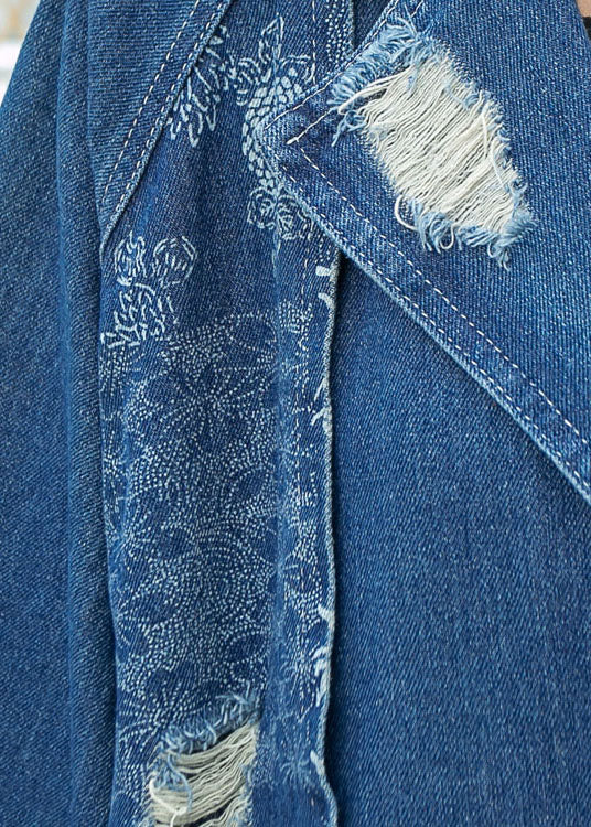 Beautiful Blue PeterPan Collar Button Pockets Print Hole Fall Long sleeve Trench Coat
