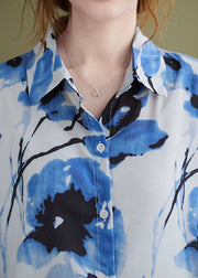 Beautiful Blue PeterPan Collar Button Print Fall Tops Long sleeve