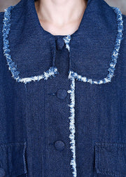 Beautiful Blue PeterPan Collar Button side open denim Coat Winter