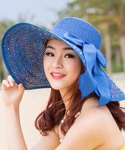 Beautiful Blue Print Bow Straw Woven Beach Floppy Sun Hat
