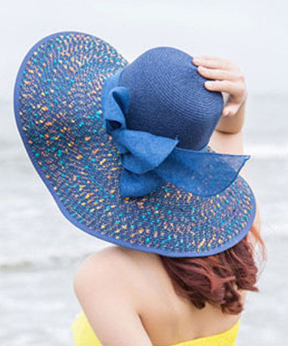 Beautiful Blue Print Bow Straw Woven Beach Floppy Sun Hat