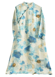 Beautiful Blue Print Button Patchwork Linen Dress Bracelet Sleeve