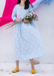 Beautiful Blue Print Clothes For Women O Neck Cinched Vestidos De Lino Dresses - SooLinen