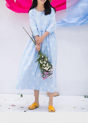 Beautiful Blue Print Clothes For Women O Neck Cinched Vestidos De Lino Dresses - SooLinen