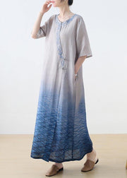Beautiful Blue Print Embroidery Oriental Mid Summer Linen Dress - SooLinen
