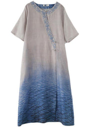 Beautiful Blue Print Embroidery Oriental Mid Summer Linen Dress - SooLinen