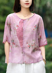 Beautiful Pink Print Patchwork Linen Shirts Short Sleeve