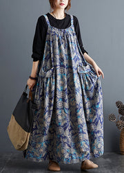 Beautiful Blue Print Pockets Patchwork Cotton Long Dresses Sleeveless