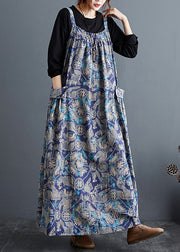 Beautiful Blue Print Pockets Patchwork Cotton Long Dresses Sleeveless