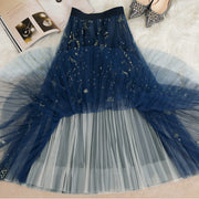 Beautiful Blue Print tulle Pleated  Skirts Summer