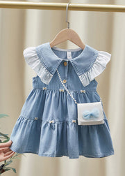 Beautiful Blue Ruffled Patchwork Denim Kids Girls Long Dress Summer