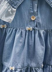 Beautiful Blue Ruffled Patchwork Denim Kids Girls Long Dress Summer