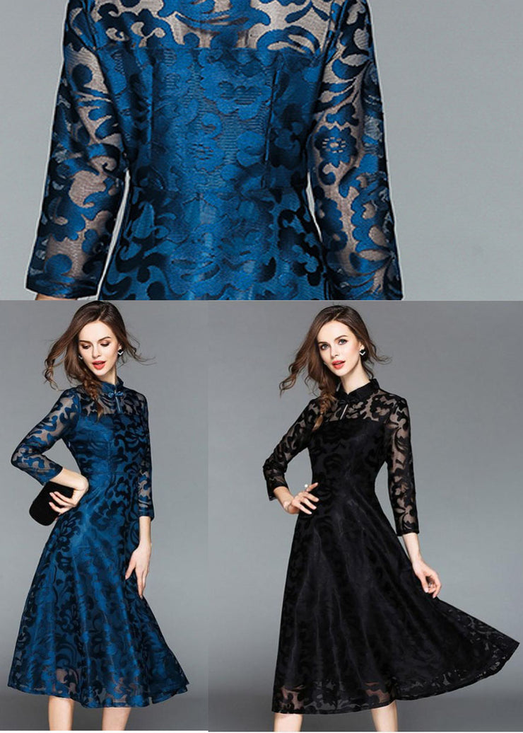 Beautiful Blue Stand Collar Oriental Button Lace Long Dress Fall