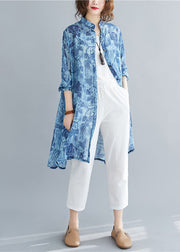 Beautiful Blue Stand Collar Oversized Print Linen Long Shirt Spring