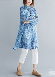 Beautiful Blue Stand Collar Oversized Print Linen Long Shirt Spring