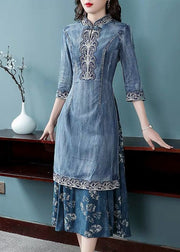 Beautiful Blue Stand Collar side open Embroidered Patchwork denim Dress Three Quarter sleeve