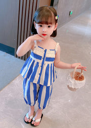 Beautiful Blue Striped Button Cotton Slip And Crop Pants Kids Two Pieces Set Sleeveless