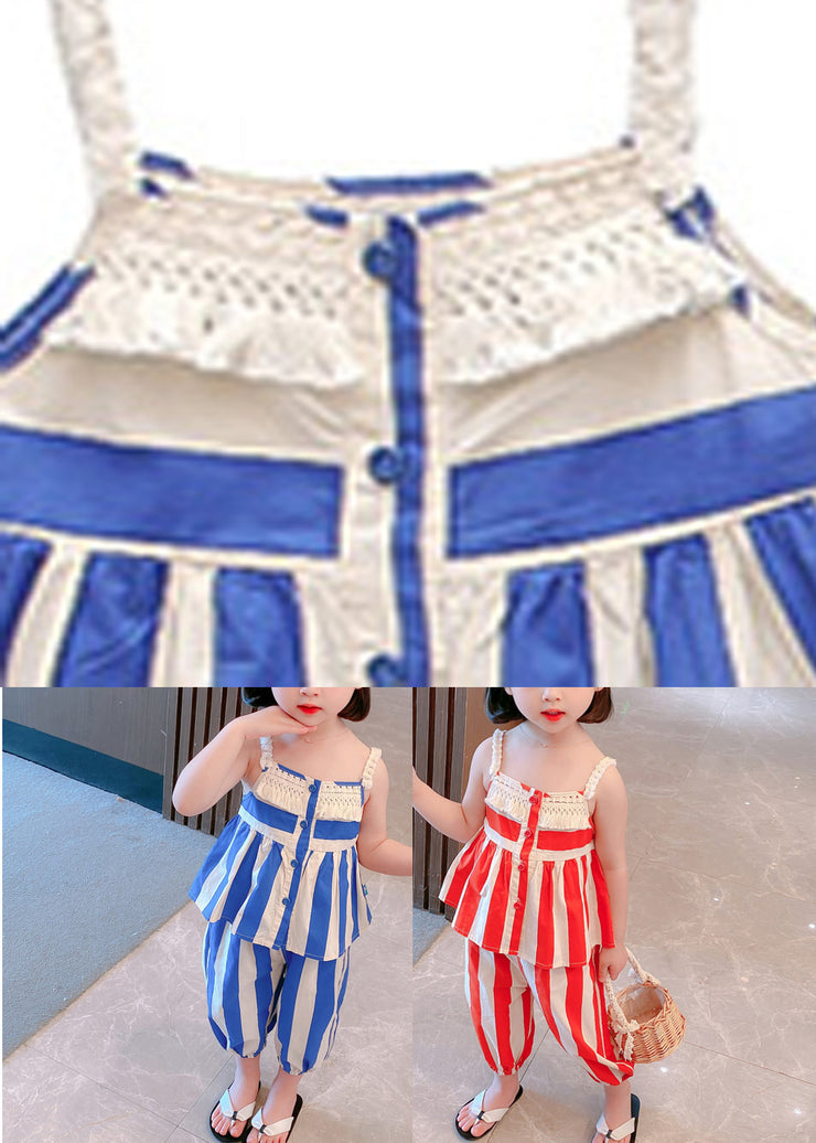 Beautiful Blue Striped Button Cotton Slip And Crop Pants Kids Two Pieces Set Sleeveless
