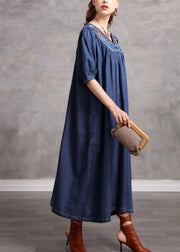 Beautiful Blue V Neck Embroidered Exra Large Hem Cotton Vacation Dresses Half Sleeve